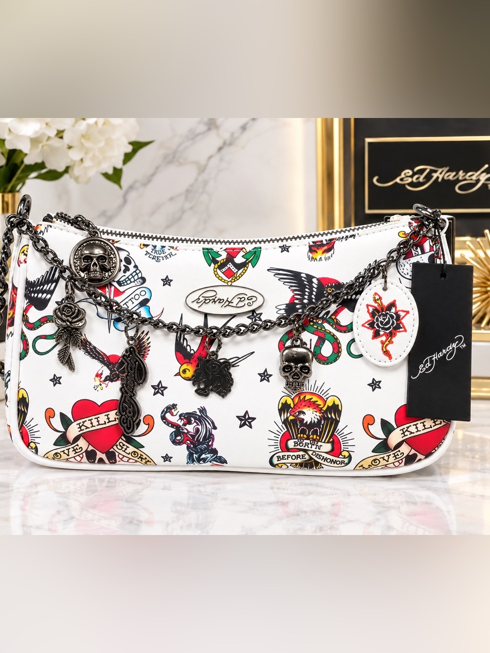 Ed Hardy White Tattoo Print Shoulder Bag with Skull Charms